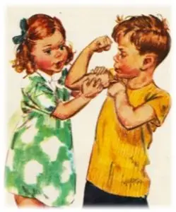 Vintage girl checks boy muscle